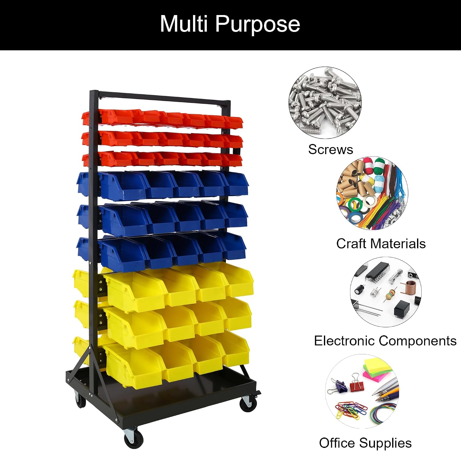 9-Tier Rolling Bin Stroage Rack with 90 Bins, Dual-Sided Parts Organizer with Wheels and Top Tray, Heavy Duty Tool Storage Rack for Workshop, Garage, Utility Use