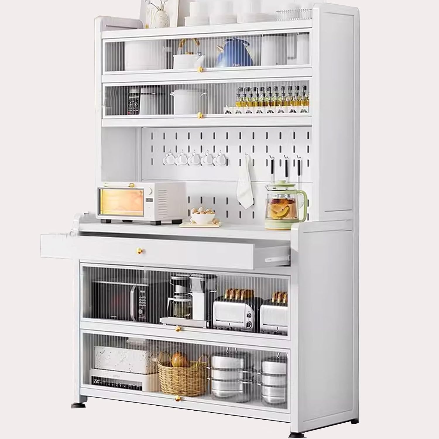 Microwave Stand with Storage Cabinet Made of Carbon Steel Baker's Rack with Rolling Wheels and 4 Hooks Kitchen Shelves for Spices, Pots, and Pans(Color:White,Size:80 * 42 * 172cm)