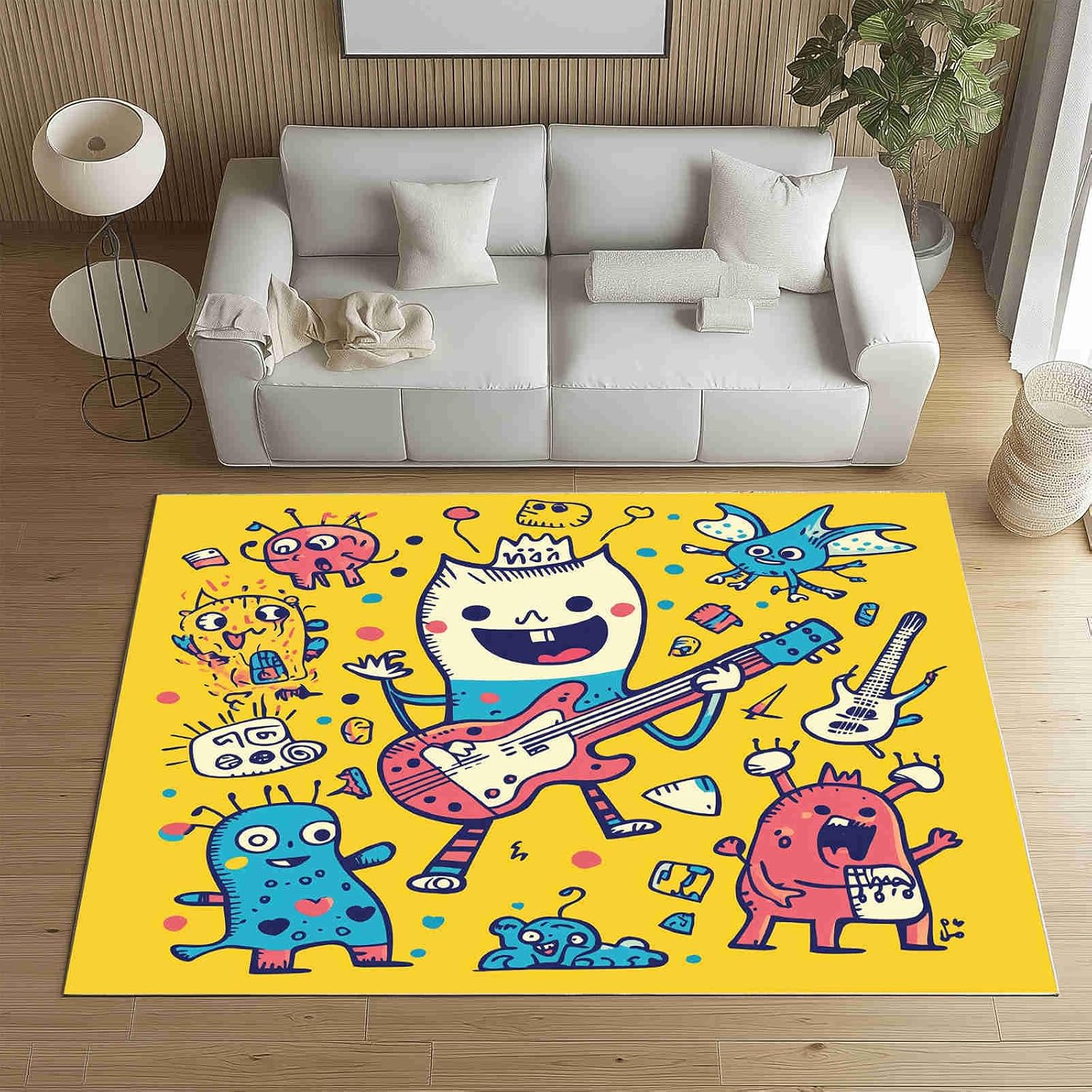 Cartoon Electric Guitar 5x7 Area Rugs Washable Graffiti Band Kids Rug for Bedroom Home Decor Carpet Anime Notes Rugs Indoor Non-Slip Low Pile Rug