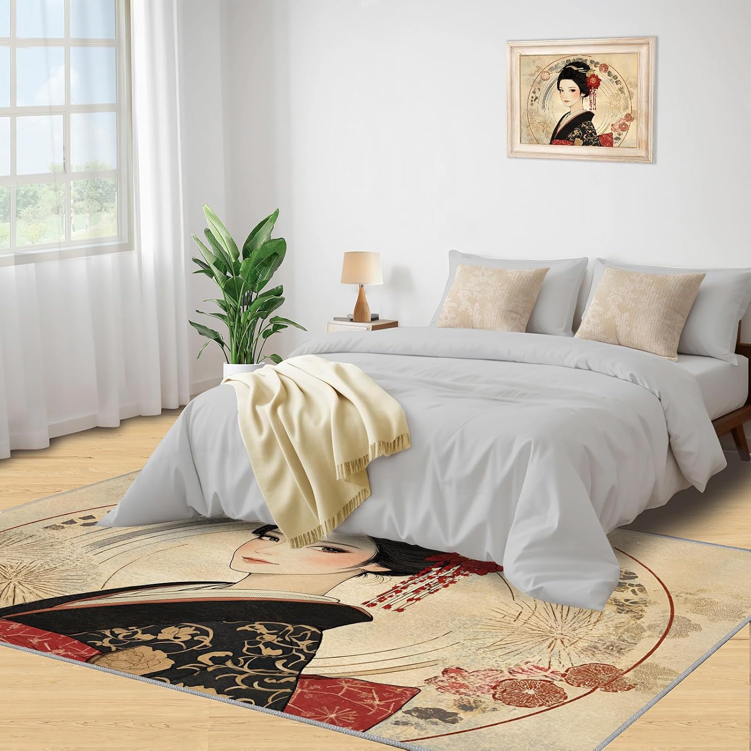 Japanese Area Rug Large - 6x8 Rug, Kimono Girl Rugs for Living Room, Asian Style Carpet, Anime Girl Washable Area Rugs for Bedroom, Retro Carpet, Japanese Home Decor
