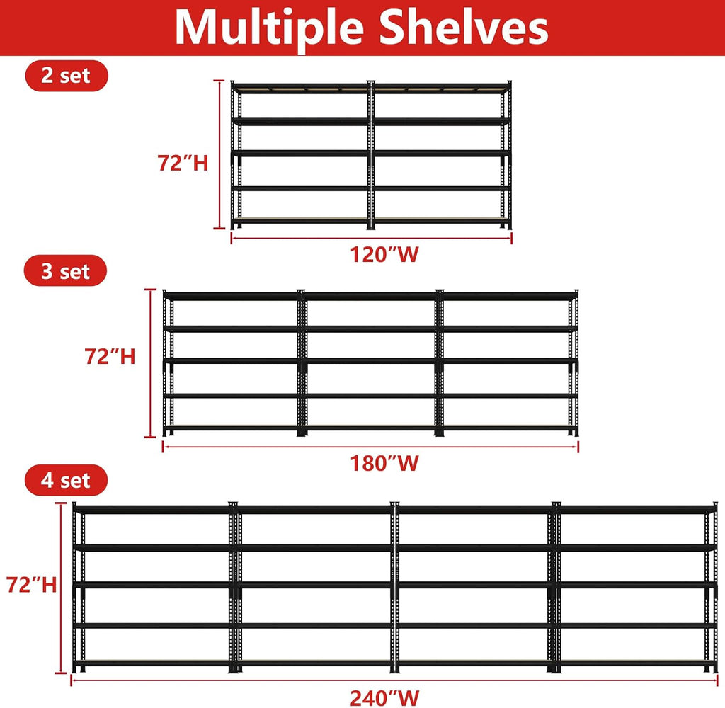PrimeZone 60' W X 24' D X 72' H Heavy Duty Garage Storage Shelves - Adjustable Metal Shelving Unit, 5 Tier Industrial Shelves for Storage Standing Utility Rack for Warehouse, Pantry, Basement, Black