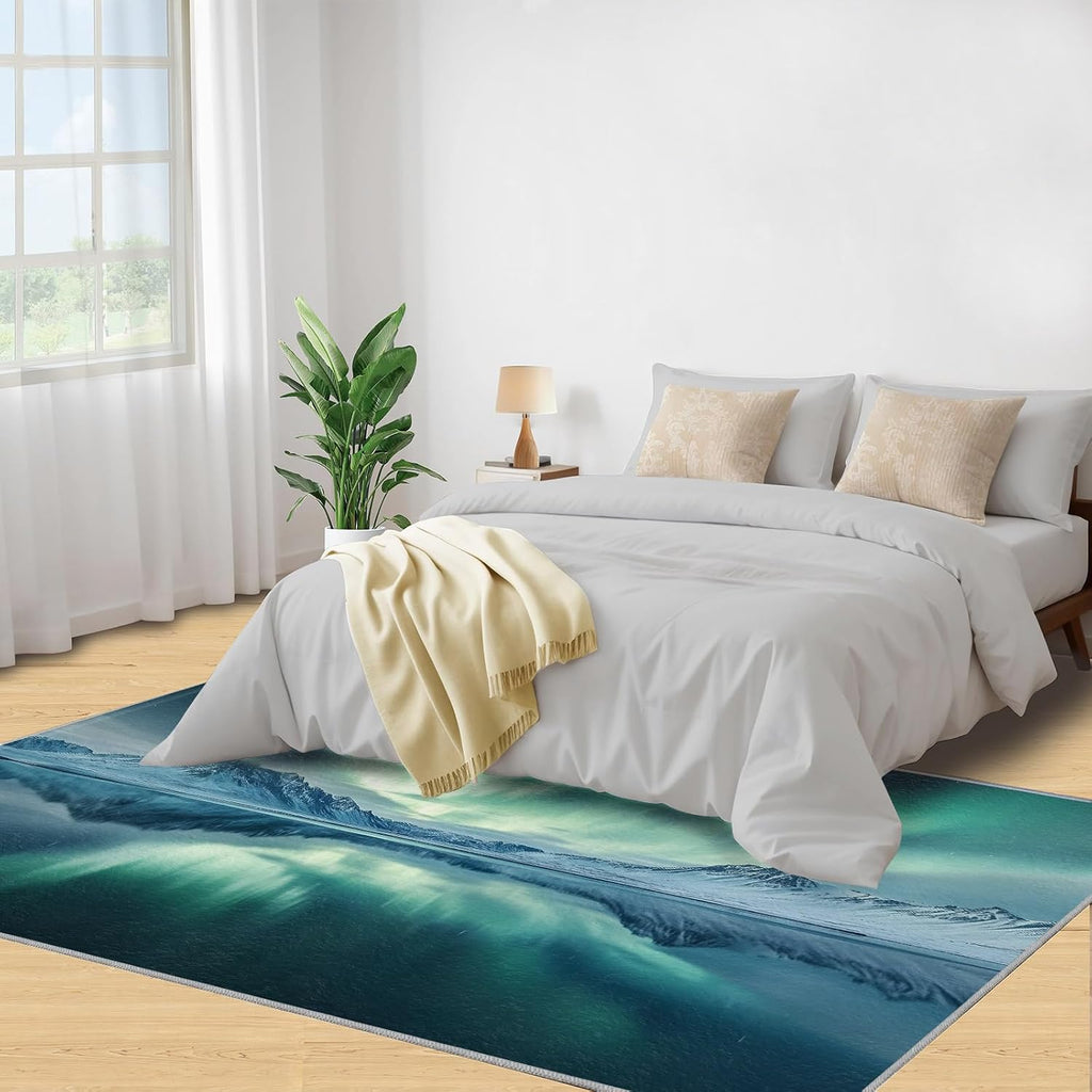 Northern Lights Rugs for Bedroom - 6x8 Rug, Aurora Borealis Area Rugs for Living Room, Mountain Carpet, Landscape Carpet, Washable Mat, Northern Lights Home Decor & Gifts