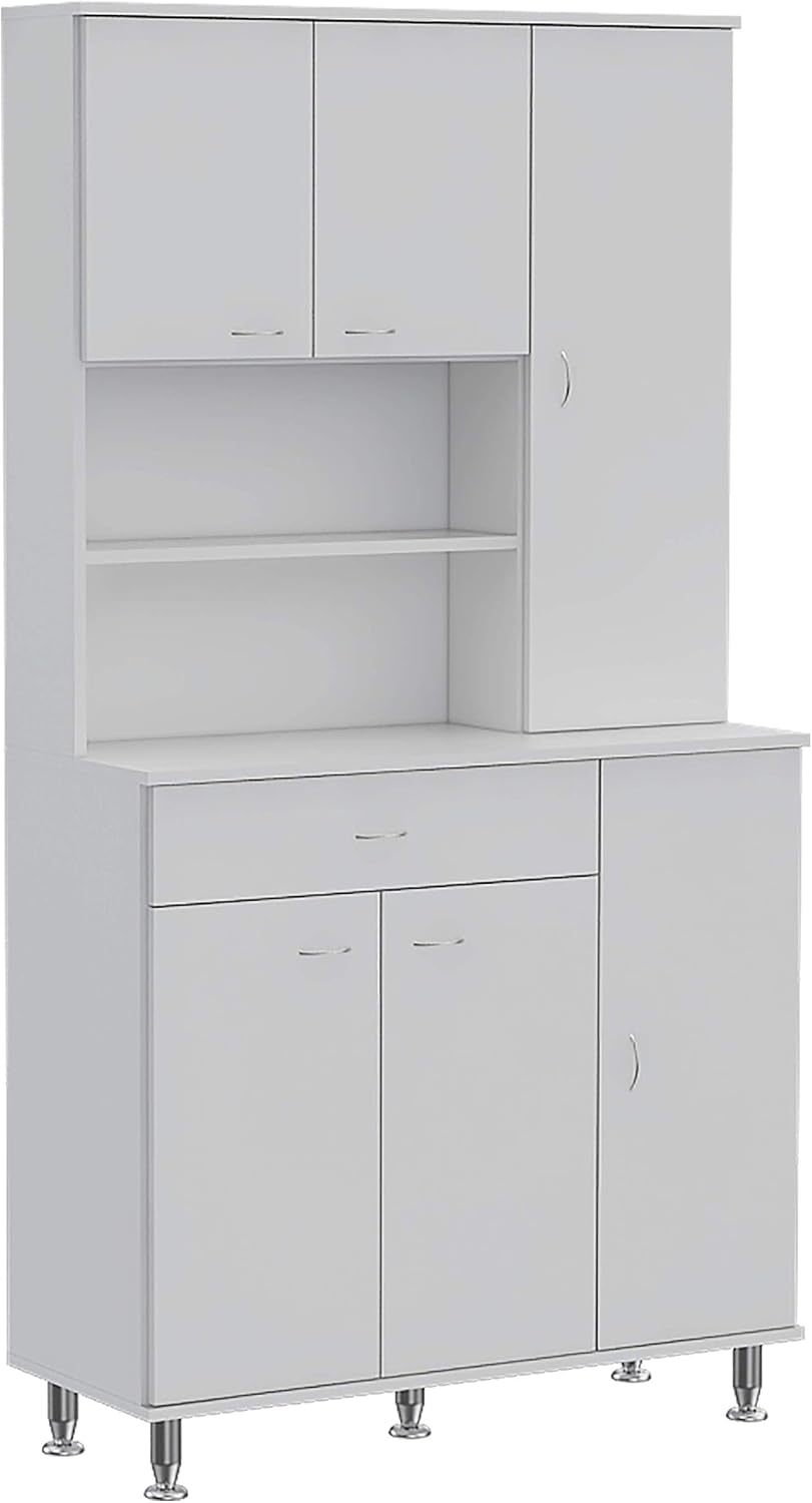 66' High-Capacity Freestanding Storage Cabinet, Kitchen Storage Bakers Rack with Multi-Shelves, Utility Food Cupboard with Drawer for Home Kitchen Areas, White