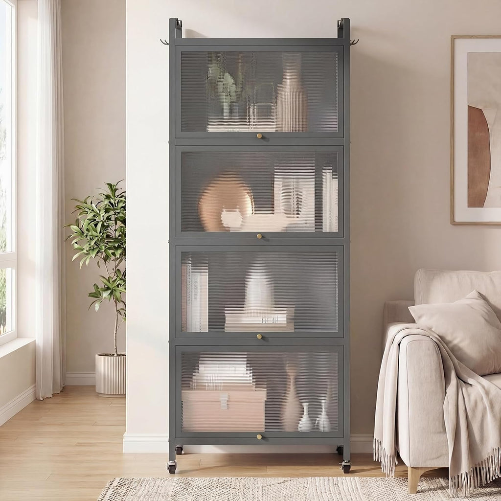 LDAILY 5-Tier Kitchen Storage Cabinet, Mobile Microwave Stand with Metal Frame, Double Anti-toppling Device, 4 Rolling Casters, Freestanding Bakers Rack for Kitchen, Dining Room, Living Room (Grey)