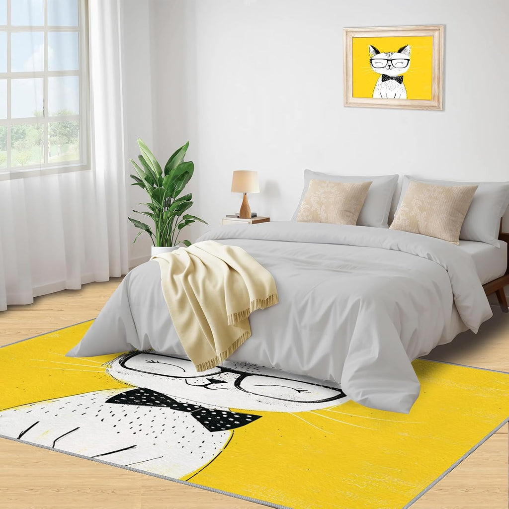 Area Rug 6x8ft, Cute White Cat Rug, Cartoon White Yellow Simple Living Room Rugs, Ultra Soft Non Slip Machine Washable Easy Care Carpet for Bedroom Study Office Apartment Room