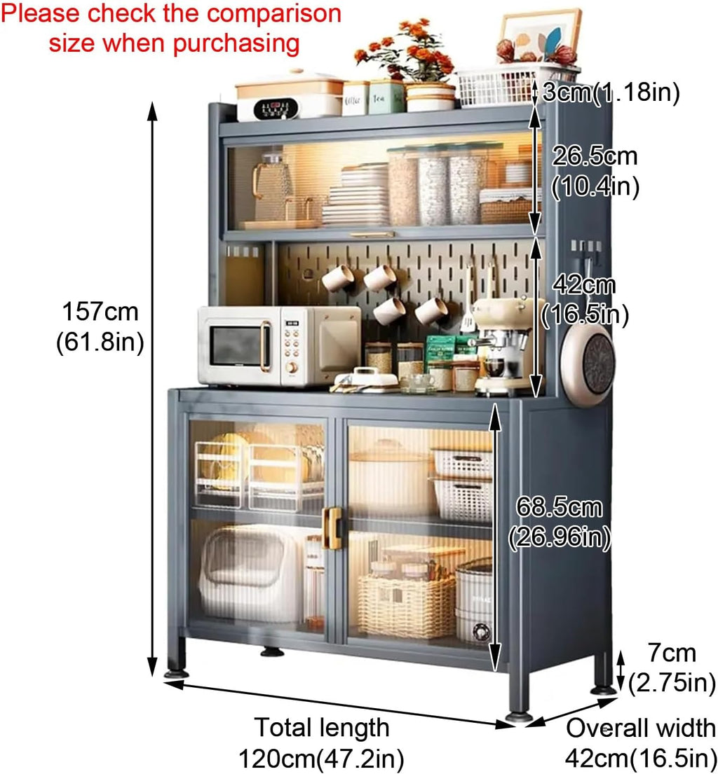 Bakers Rack with Storage Shelves, Coffee Bar with Cabinet, Kitchen Pantry Hutch, Expanded Space, with Wheels(White,120cm)