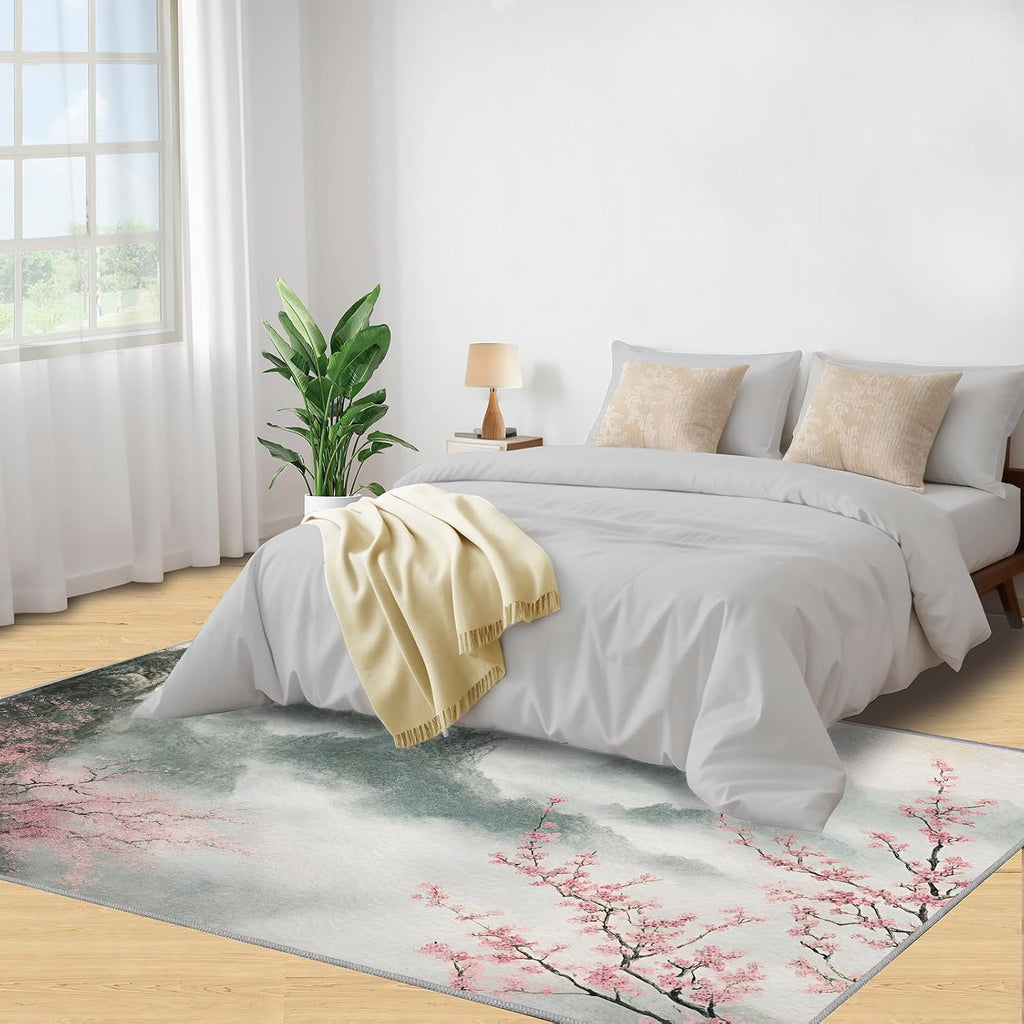 Japanese Rug Large - 6x8 Rug, Cherry Blossom Area Rugs for Living Room, Ink Painting Mountains Rugs for Bedroom, Landscape Non-Slip Mat, Japanese Home Decor & Gifts