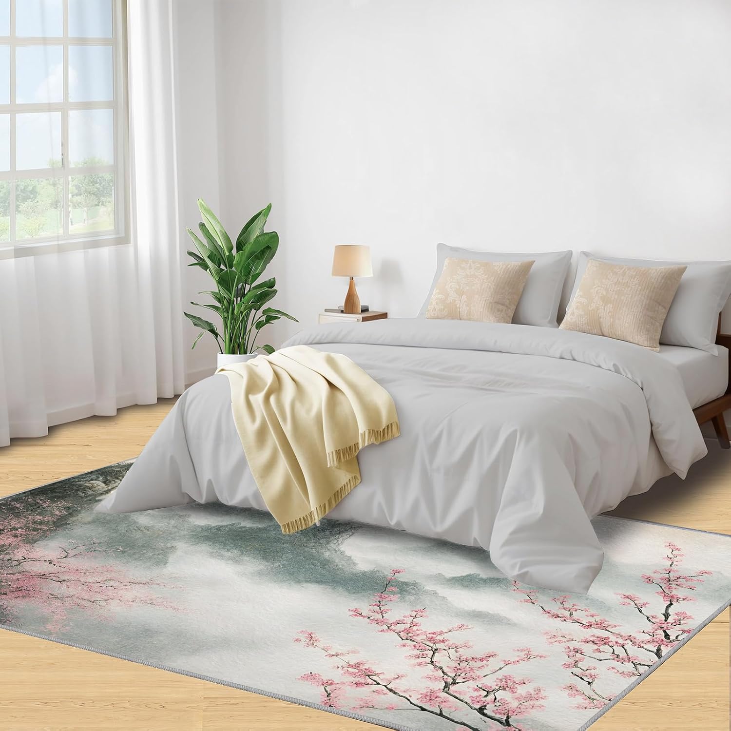 Japanese Rug Large - 6x8 Rug, Cherry Blossom Area Rugs for Living Room, Ink Painting Mountains Rugs for Bedroom, Landscape Non-Slip Mat, Japanese Home Decor & Gifts