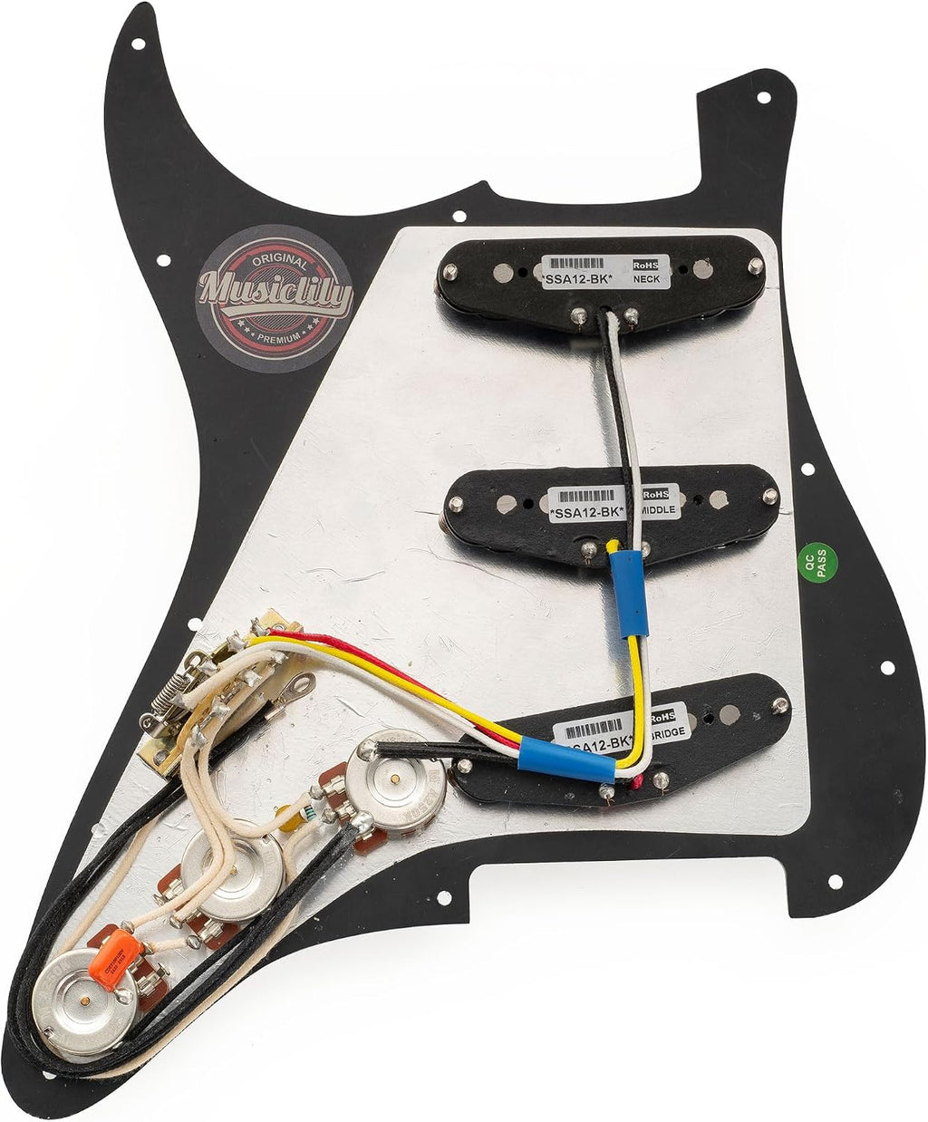 Musiclily Pro Pre-wired Standard SSS Pickguard with Artec Pickups Staggered Alnico 5 Magnet Single Coil Pickups for ST Style Electric Guitar, 4Ply Black Pearl