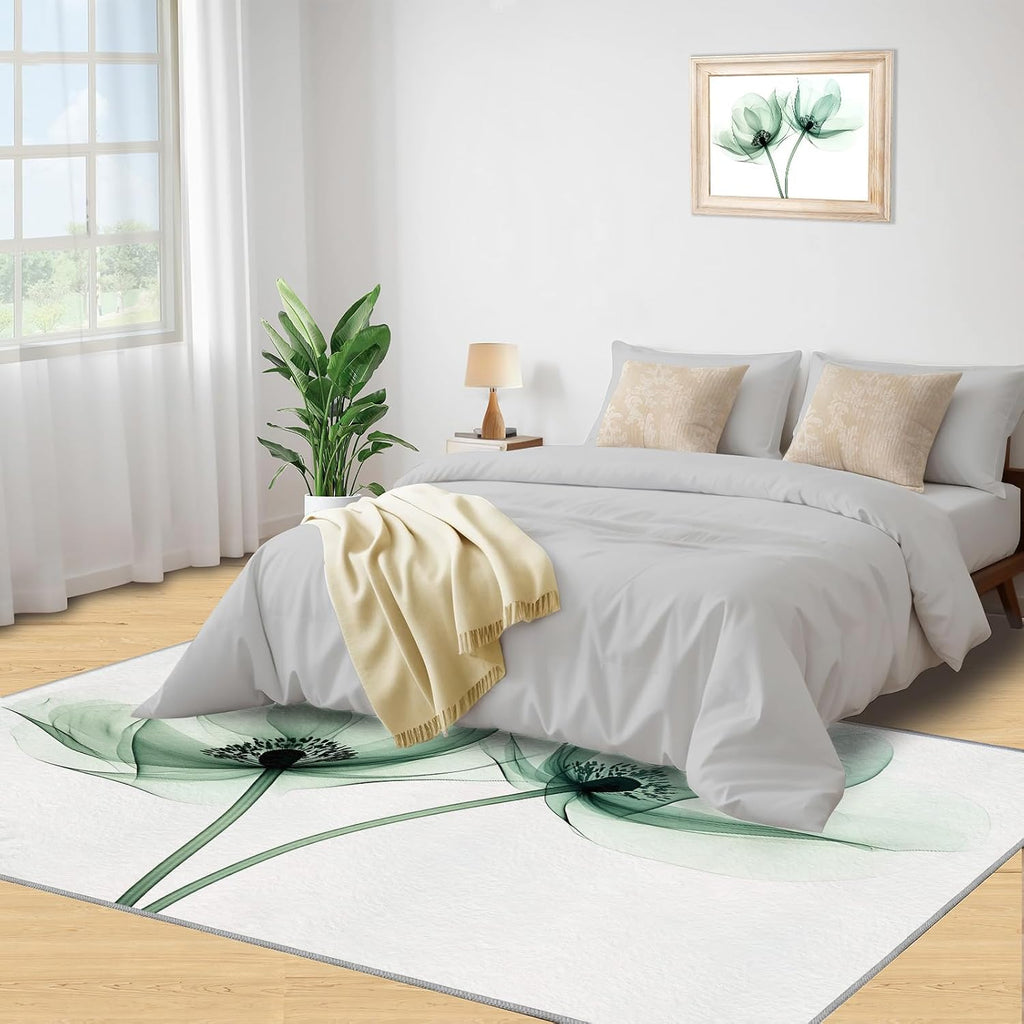 Transparent Floral Rugs for Bedroom - 6x8 Rug, X-Ray Flowers Area Rugs for Living Room, Green Flower Carpet, Creative Washable Area Mat, Aesthetic Carpet, Floral Home Decor & Gifts