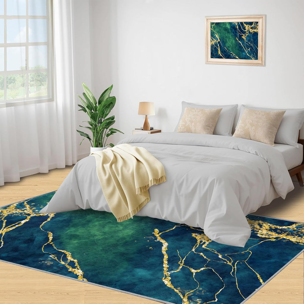 Navy Blue Stone Marble Area Rug, Gold Giltter Rugs for Living Room, Indoor Non-Slip Kids Rugs, Machine Washable Breathable Durable Carpet for Front Entrance Floor Decor,6 x 8ft