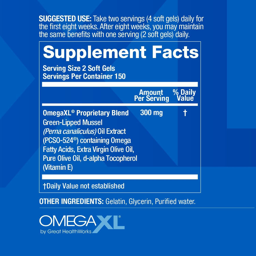 OmegaXL Joint Support Supplement - Natural Muscle Support, Green Lipped Mussel Oil, Soft Gel Pills, Drug-Free, 300 Count