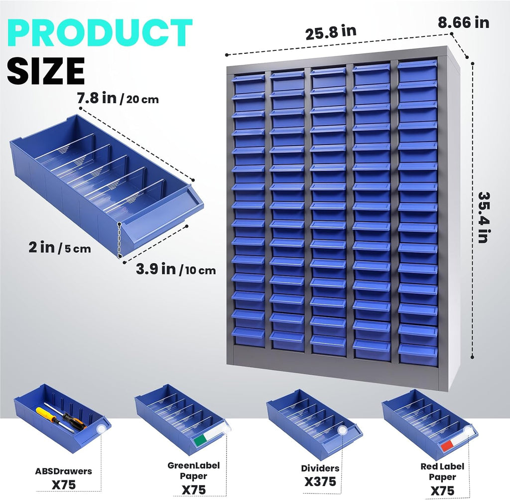 Alloy Steel Nuts and Bolts Organizers and Storage , 8.66'D x 25.8'W x 35.4'H, ABS Material Drawer Parts Cabinet with Labels and Dividers, Small Parts Organizer for Workshop, Office，Home (75 Drawers)