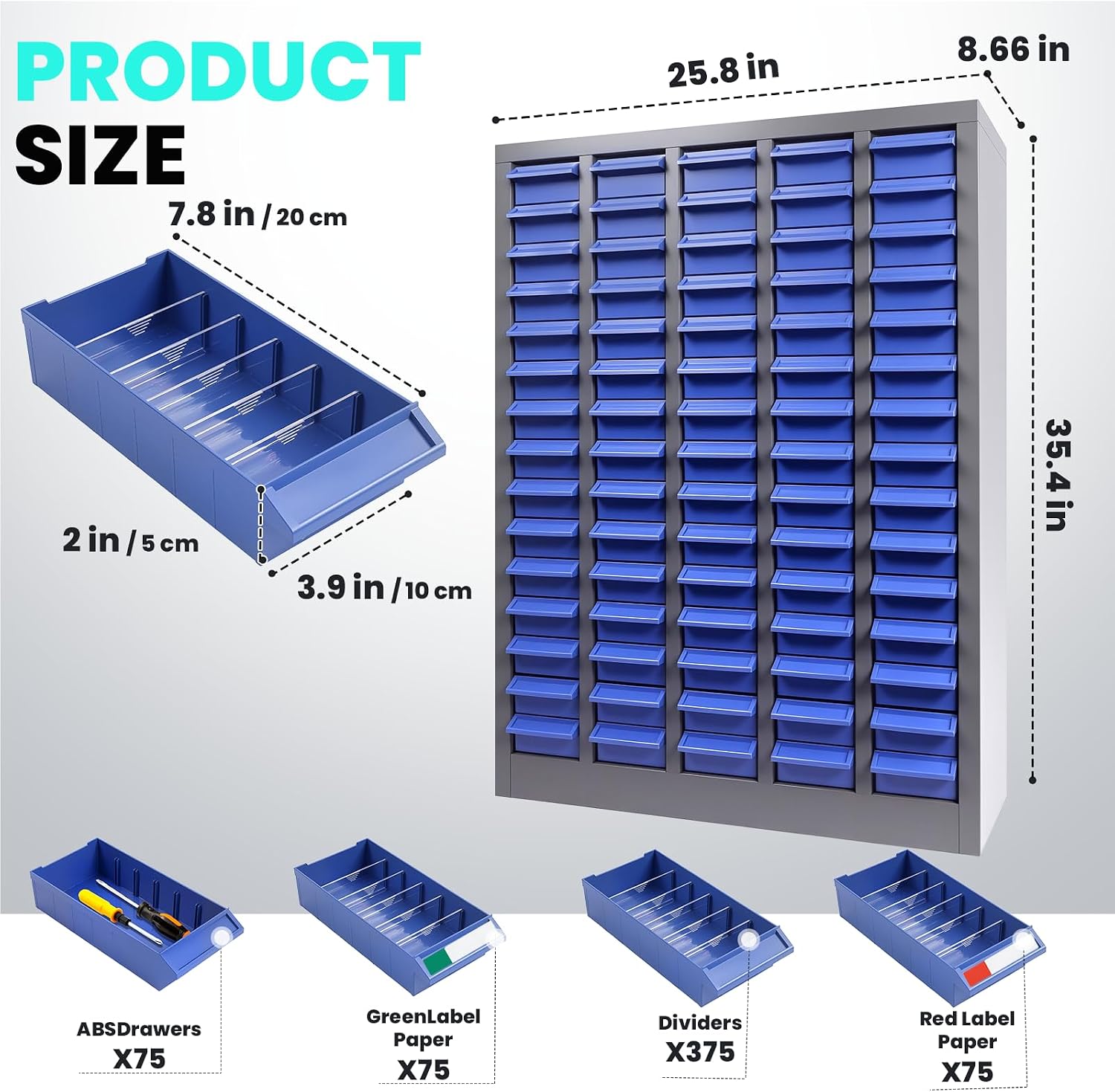 Alloy Steel Nuts and Bolts Organizers and Storage , 8.66'D x 25.8'W x 35.4'H, ABS Material Drawer Parts Cabinet with Labels and Dividers, Small Parts Organizer for Workshop, Office，Home (75 Drawers)