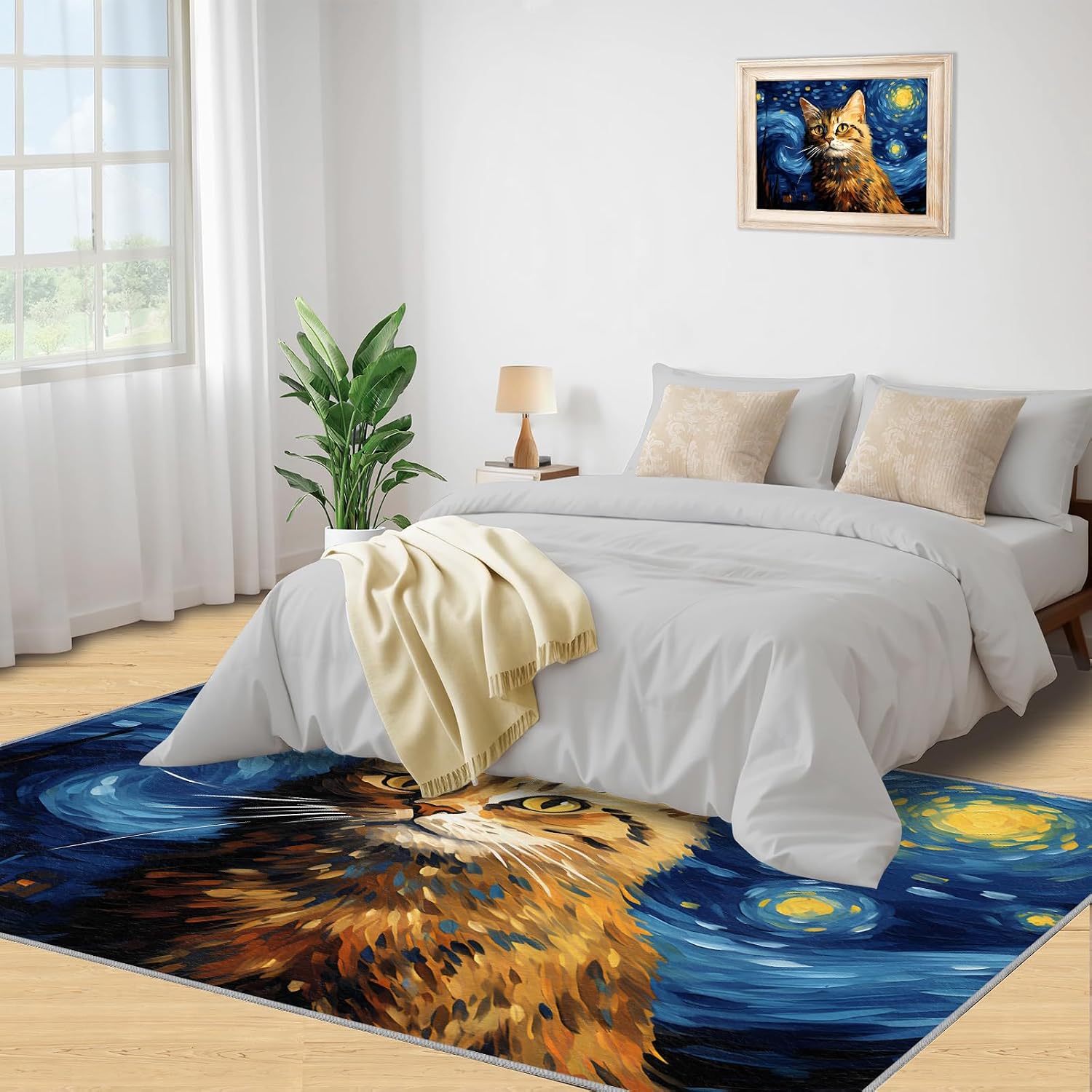 6x8 Area Rug - Starry Sky Norwegian Forest Cat Large Rugs for Living Room, Post-Impressionist Art Painting Carpet Area Rug for Girls Bedroom Kids Room Basement Office Classroom