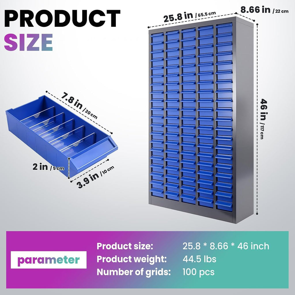100-Drawer Small Part Organizer with 5 Dividers & 2 Labels Per Drawer, Nut and Bolt Organizer with Rear Stops, Rust Prevention & Corrosion Resistant Part Cabinet for Mechanics (100-Drawer)