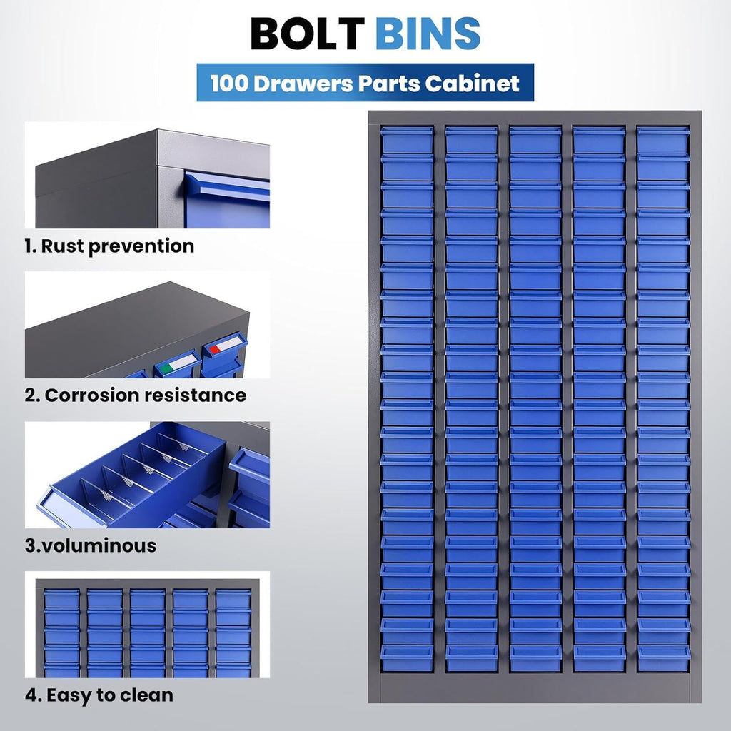 Bolt and Nut Organizer 46x25.8x8.66 in, 100-Drawer Heavy-Duty Parts Storage Cabinet, Opaque ABS Plastic Industrial Organizer with Labels for Garage Workshop Toolbox