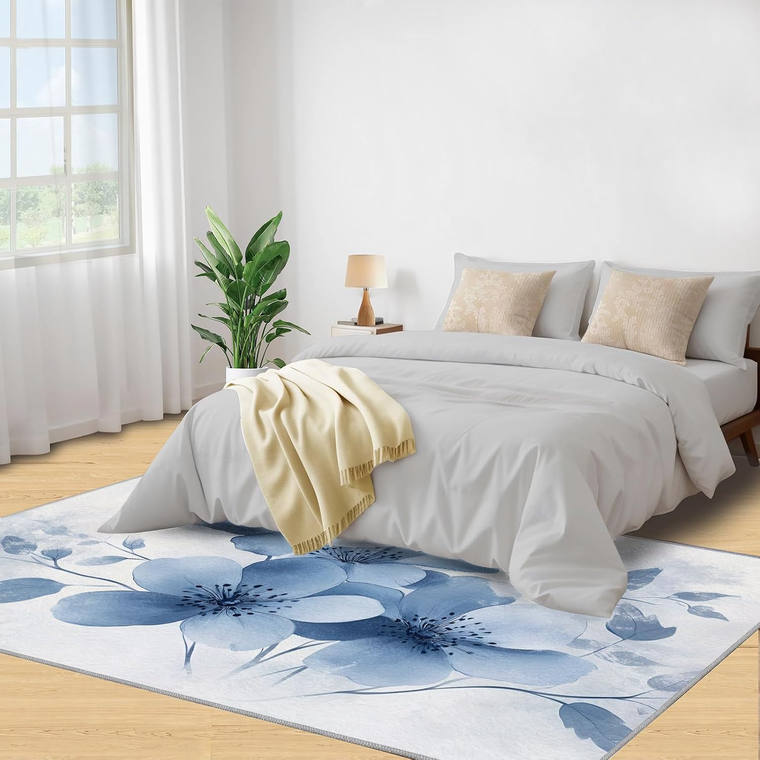 Floral Rugs for Bedroom - 6x8 Area Rug - Boho Floral Rugs for Living Room, Blue Flowers Rug, Non-Slip Washable Home Decor Carpet