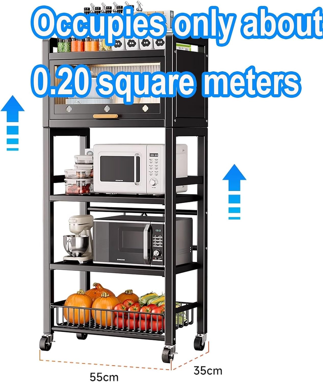 Bakers Rack with Storage Made of Carbon Steel with Pull-Out Wire Basket 5 Tier Storage Shelf Kitchen Storage Shelves with Mesh Panels for Utensils, Pots(Color:ABlack)