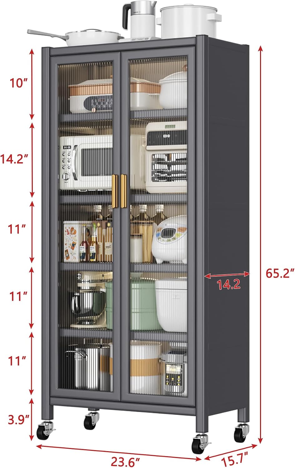 65-Inch Tall Kitchen Bakers Rack with Flip Door Cabinet, 5-Tier Microwave Stand and Coffee Bar, Pantry Storage with Pegboard Hooks, Quick Assembly, White,GreyMetalAmericanDes