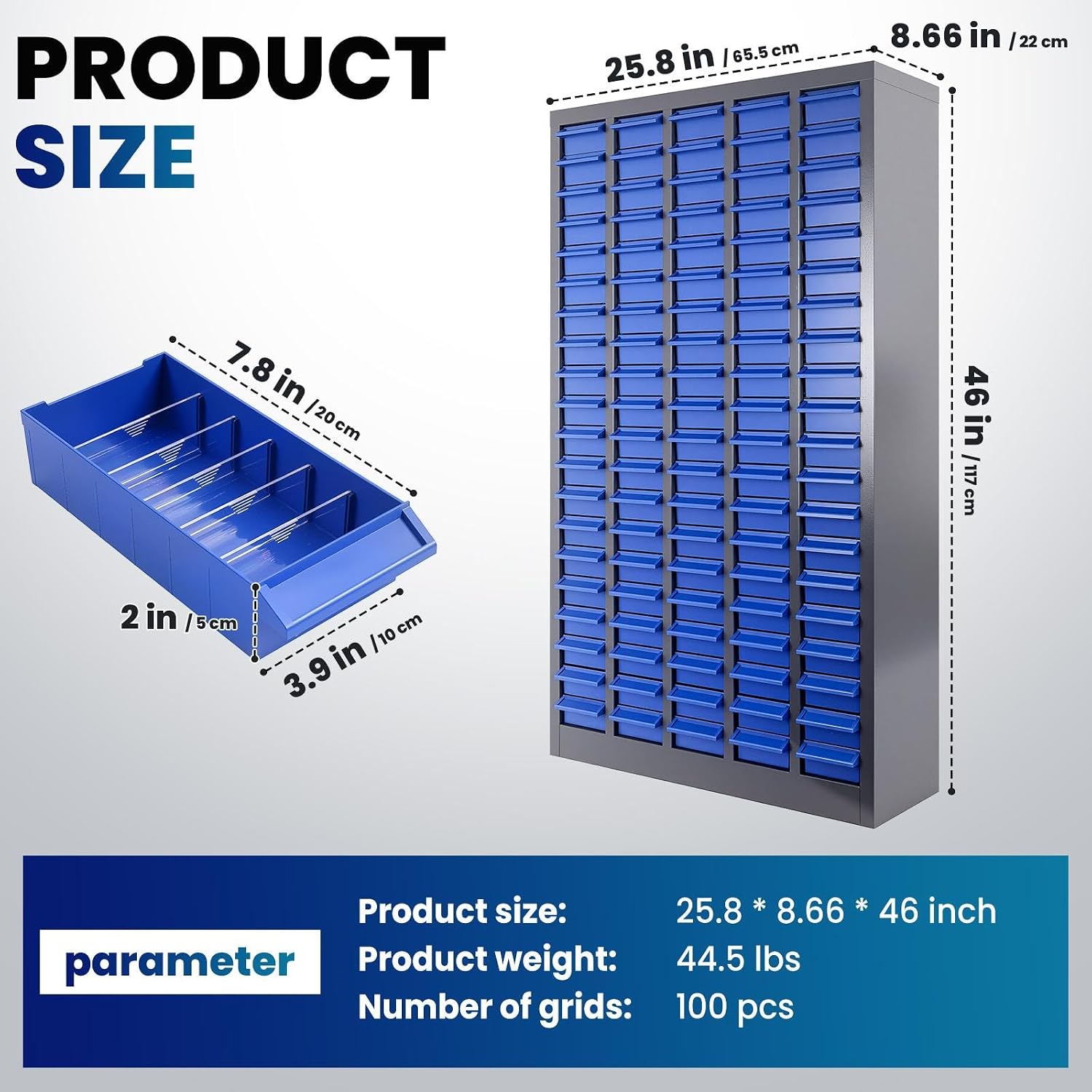 100 Drawers Parts Cabinet, Alloy Steel Tool Storage with Dividers, Nut and Bolt Organizer 25.8''L× 8.66''W×46''H, 44.5lbs Capacity for Tool Harware and Workshop, Blue