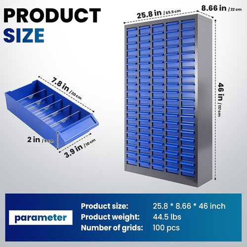 100 Drawers Parts Cabinet, Alloy Steel Tool Storage with Dividers, Nut and Bolt Organizer 25.8''L× 8.66''W×46''H, 44.5lbs Capacity for Tool Harware and Workshop, Blue