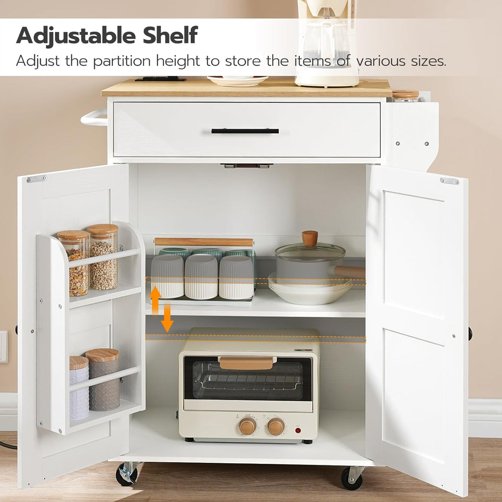 HOOBRO Kitchen Island and Kitchen Storage Island with Power Outlet, Rolling Kitchen Cart on Wheels, for Home, Kitchen and Dining Room, White and Natural WN82UZD01G1-WN88UZD01