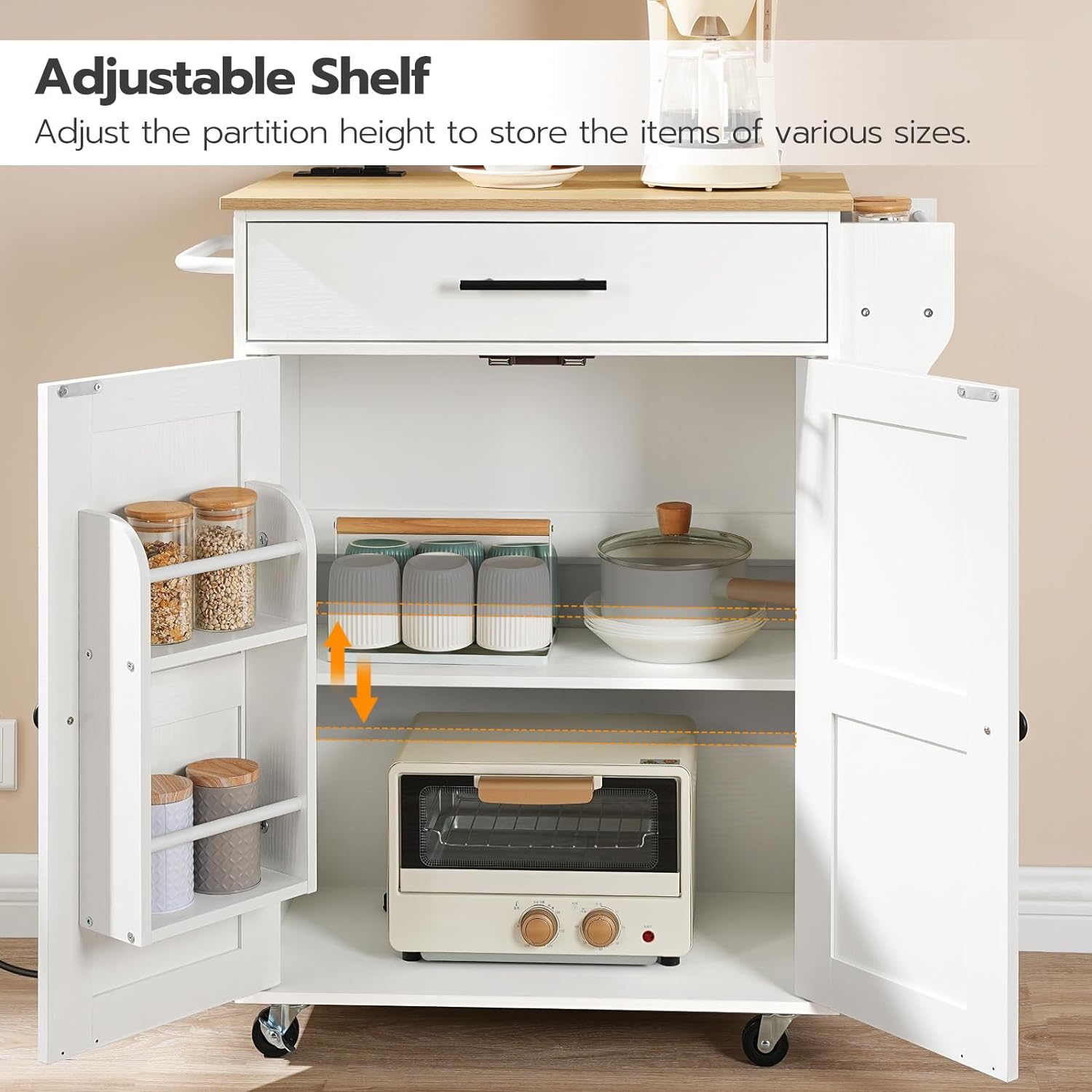 HOOBRO Kitchen Island and Kitchen Storage Island with Power Outlet, Rolling Kitchen Cart on Wheels, for Home, Kitchen and Dining Room, White and Natural WN82UZD01G1-WN88UZD01