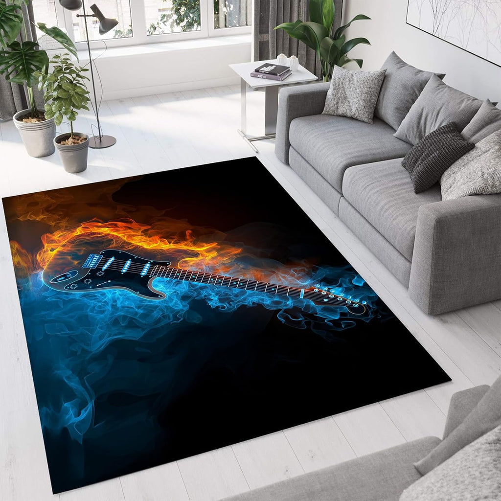 Area Rugs for Living Room - 5'3' x 7'6' Area Rugs, Music Theme Machine Washable Rug Blue Non-Slip Stain Resistant Soft Flaming Guitar Large Carpet Low Pile Thin Carpet