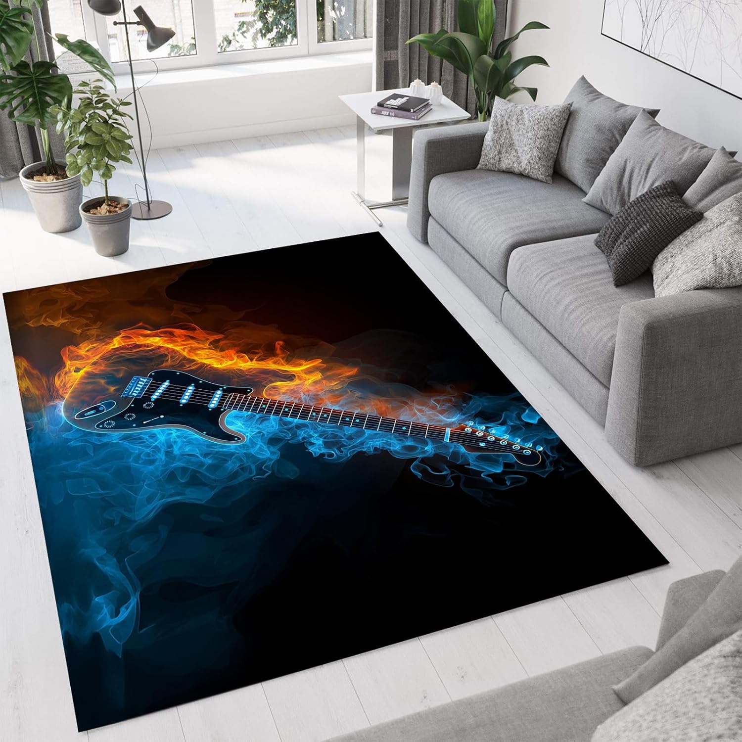 Area Rugs for Living Room - 5'3' x 7'6' Area Rugs, Music Theme Machine Washable Rug Blue Non-Slip Stain Resistant Soft Flaming Guitar Large Carpet Low Pile Thin Carpet
