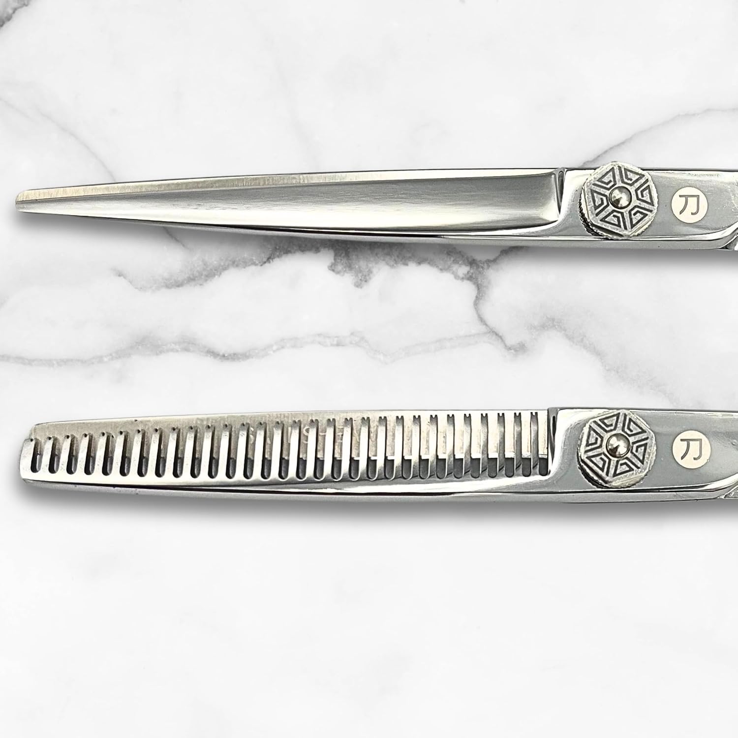 Saki Shears 6 Inch Set of Hair Cutting and Thinning Scissors With Flower Design on Handle and Finger Holes - 440C Stainless Steel - Professional Hair Cutting Set (Silver)