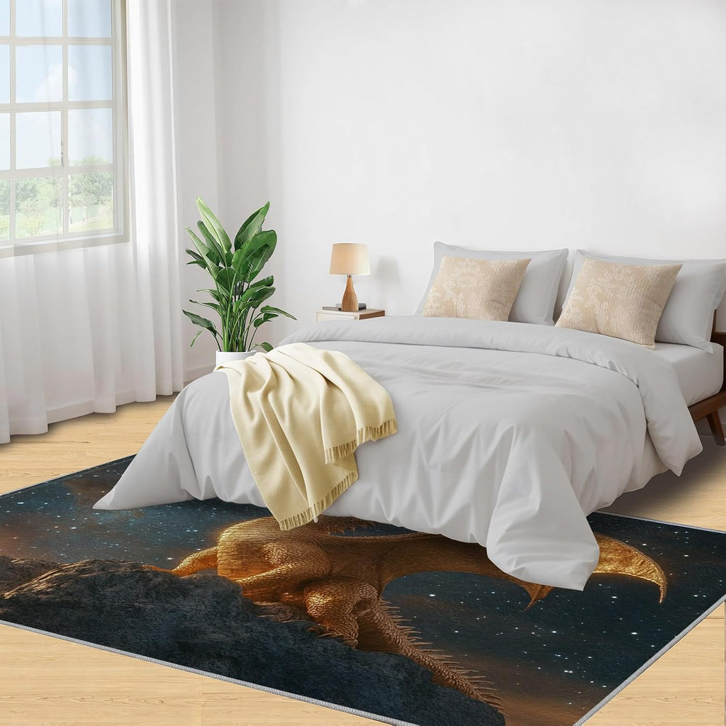 Dragon Rug 6x8, Golden Dragon Rugs for Boys Room, Mythical Creatures Area Rugs for Bedroom, Low Pile Non Slip Carpet for Computer Game Room Dormitory Decor