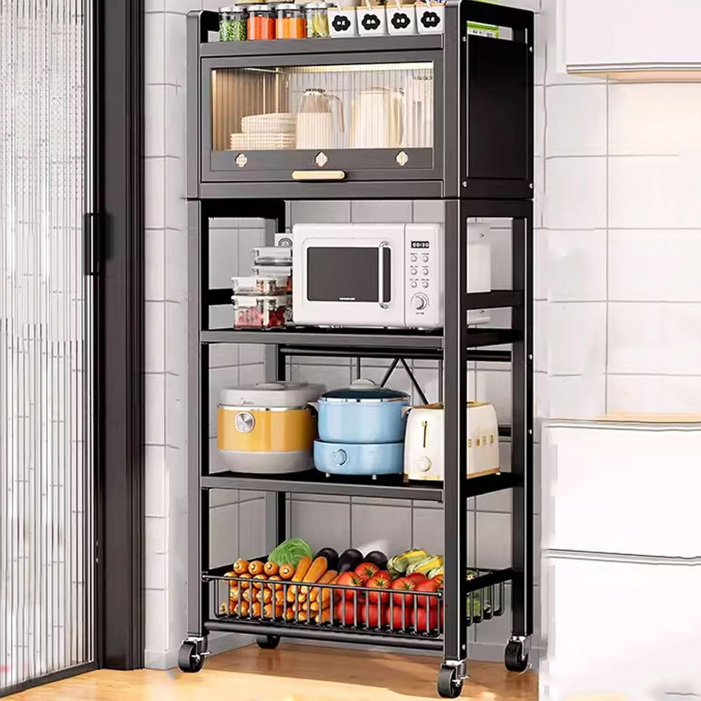 Bakers Rack with Storage Made of Carbon Steel with Pull-Out Wire Basket 5 Tier Storage Shelf Kitchen Storage Shelves with Mesh Panels for Utensils, Pots(Color:ABlack)
