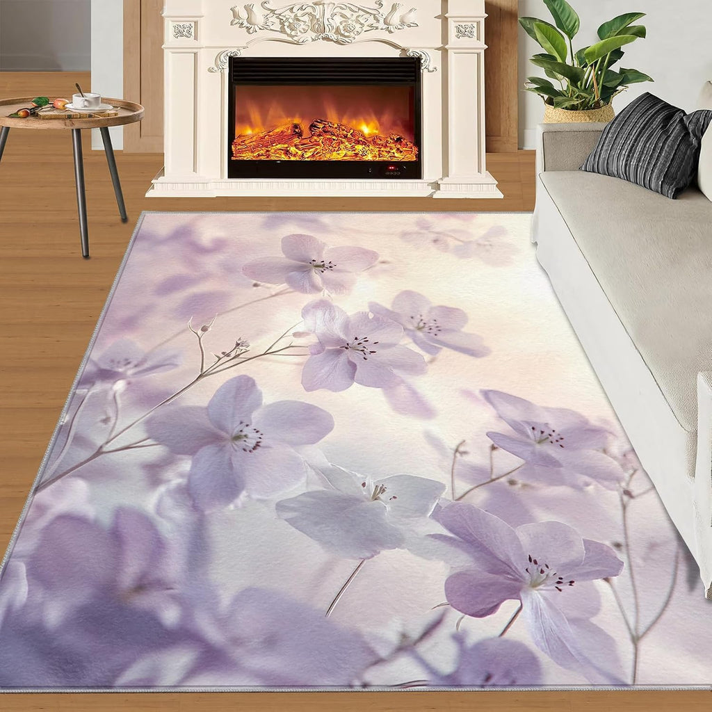 Lilac Flowers Area Rug, Simple Flowers Large Area Rugs, Non Slip Living Room Rugs for Bedroom Kitchen Dining Room Decor Floor Mat 6x8