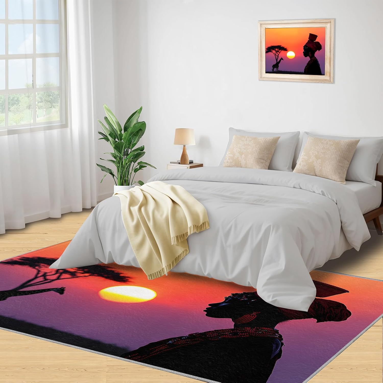 African Women Living Room Rug, Sunset Grassland Rugs for Bedroom, Washable Area Rug for Study Office Kitchen Dining Room Decor Floor Mat 6x8