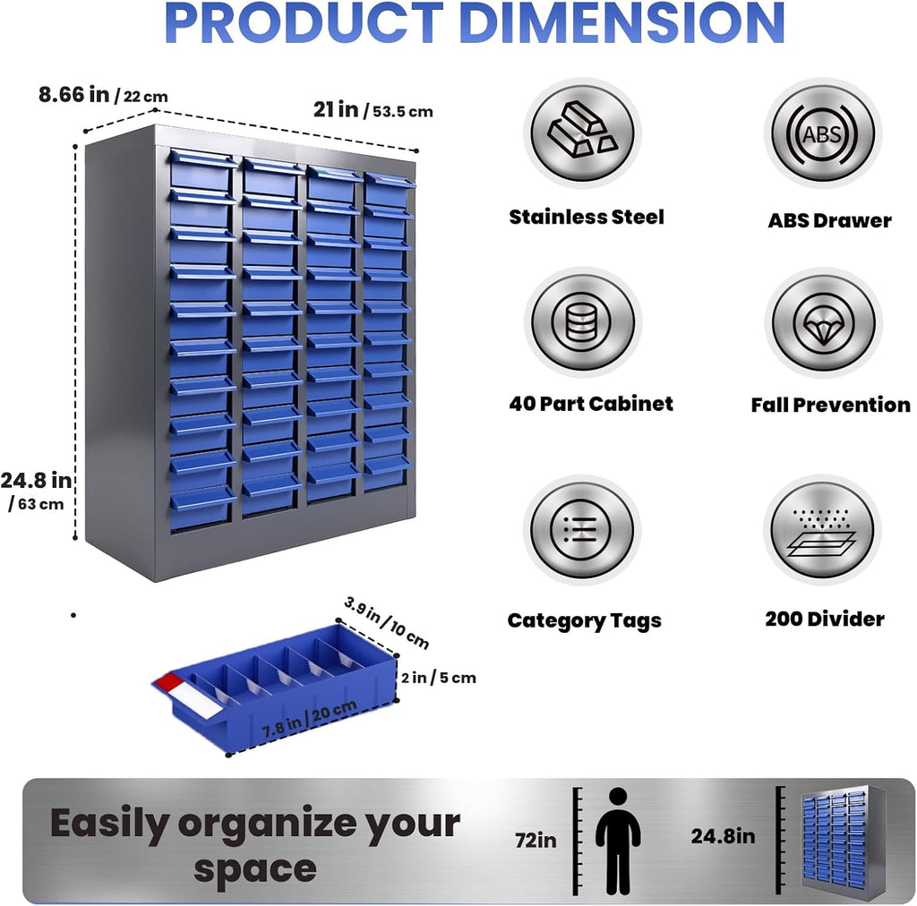 40-Drawer Nut and Bolt Organizer, Small Parts Organizer with Alloy Steel Frame & ABS Drawers, Bolt Bin for Garage, Teacher Toolboxes, Makeup & Workshop, Tool Hardware Storage (40-grid drawer)