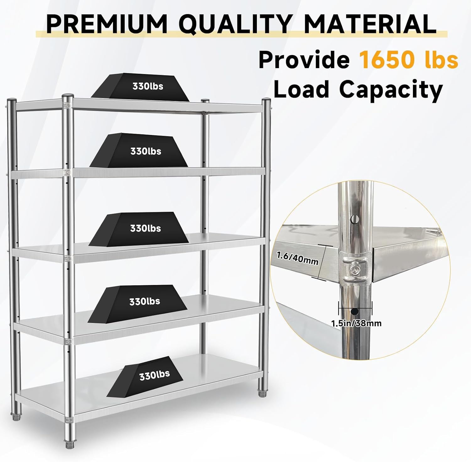 Stainless Steel Shelves 48x18x70 Inch Storage Rack 5 Tier Adjustable Shelving Units for Kitchen, Office