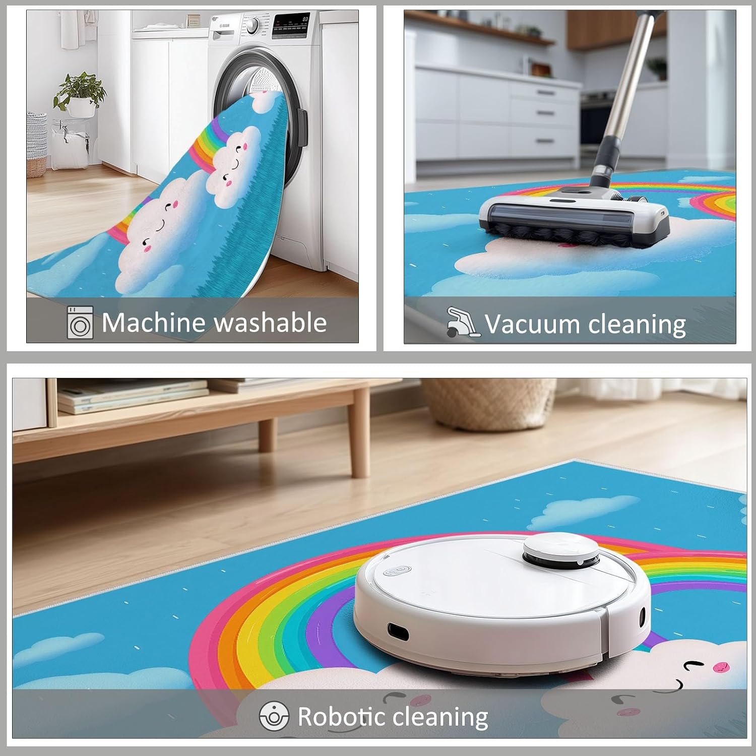 Cartoon Clouds Rainbow Area Rugs 5 x 7 ft for Kids Room Boys Girls, Blue Polyester Indoor Carpet - Machine Washable Non-Slip Soft Printed Rug for Bedroom Living Room Decor