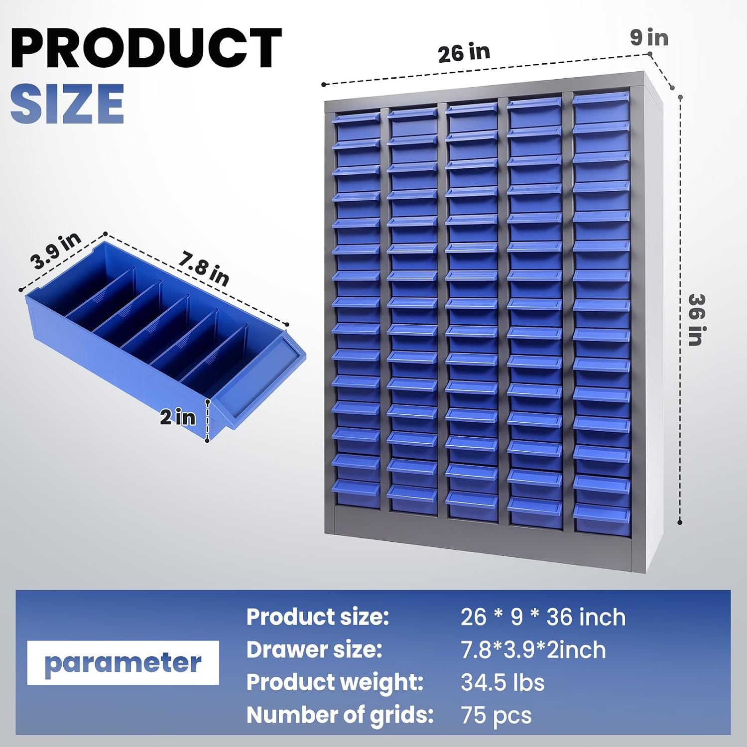100 Drawer Alloy Steel Nut and Bolt Organizer, ABS Material Bolts Organizer, 26' L×9' W×36' H Nuts and Bolts Organizers and Storage, Bolt Bins Organizers for Shop Garage Workshop (75 Drawer)