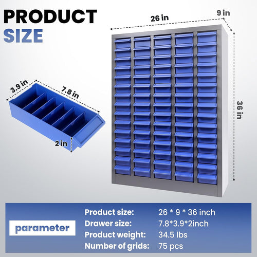 100 Drawer Alloy Steel Nut and Bolt Organizer, ABS Material Bolts Organizer, 26' L×9' W×36' H Nuts and Bolts Organizers and Storage, Bolt Bins Organizers for Shop Garage Workshop (75 Drawer)