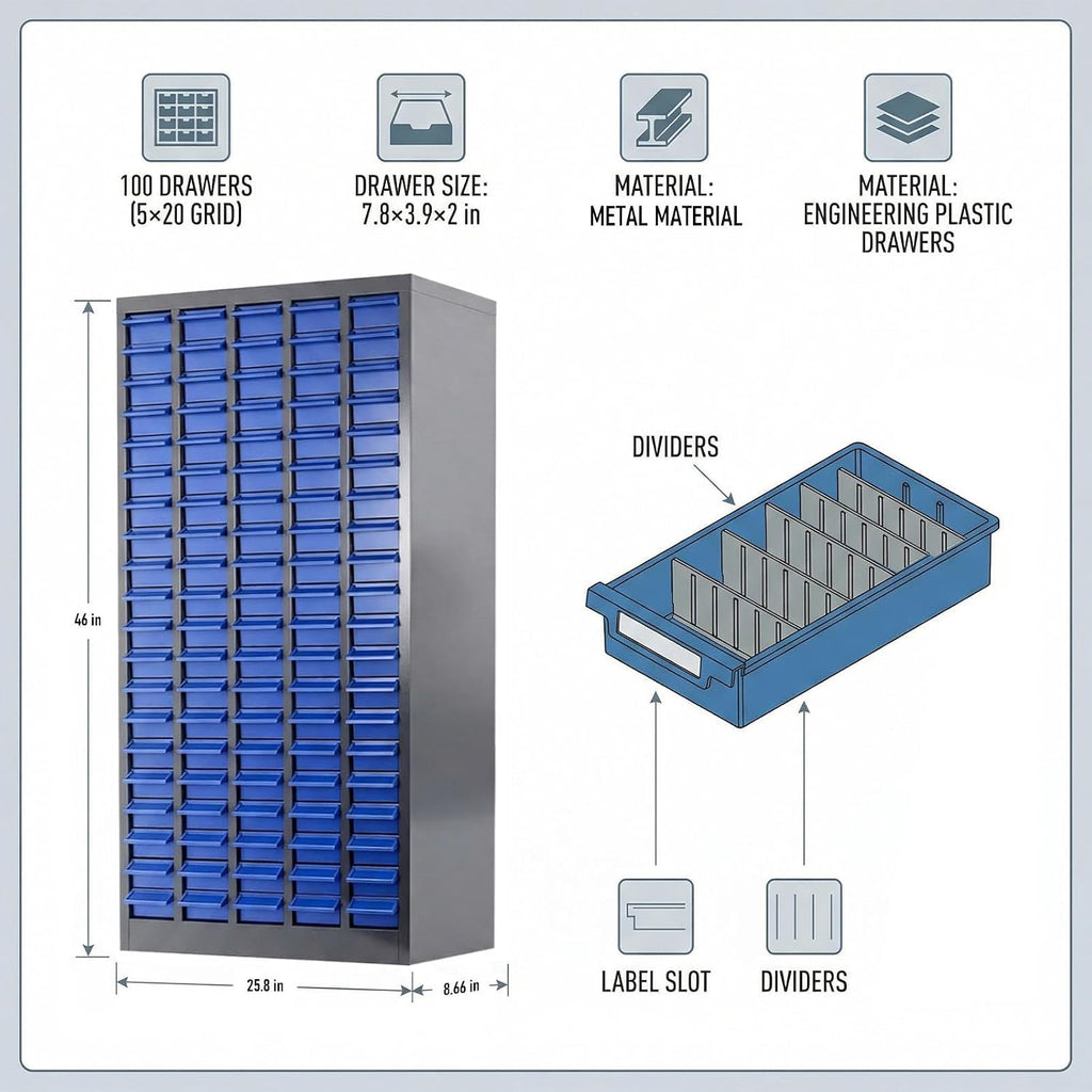 100 Drawers Parts Cabinet for Small Parts, Alloy Steel Nut and Bolt Organizer with ABS Drawers, Heavy Duty Bolt Bin Storage Cabinet with Shelves for Garage, Workshop & Home