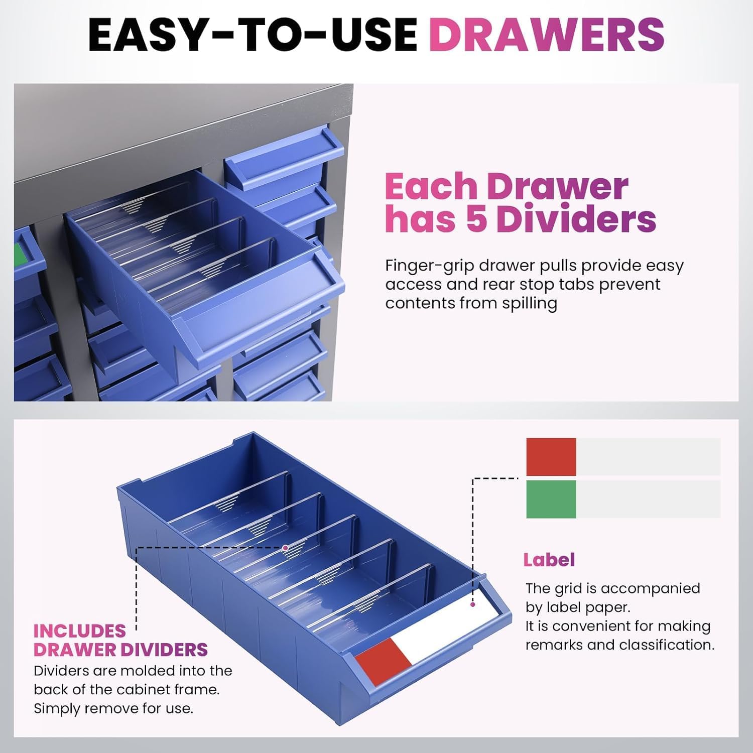 40 Drawers Bolt Bins Storage Cabinet with 200 Dividers & 80 Label Slots, Heavy-Duty Bolt and Nut Tool Storage Cabinet in Alloy Steel, Parts Cabinet with ABS Drawers for Workshop, Garage, Home