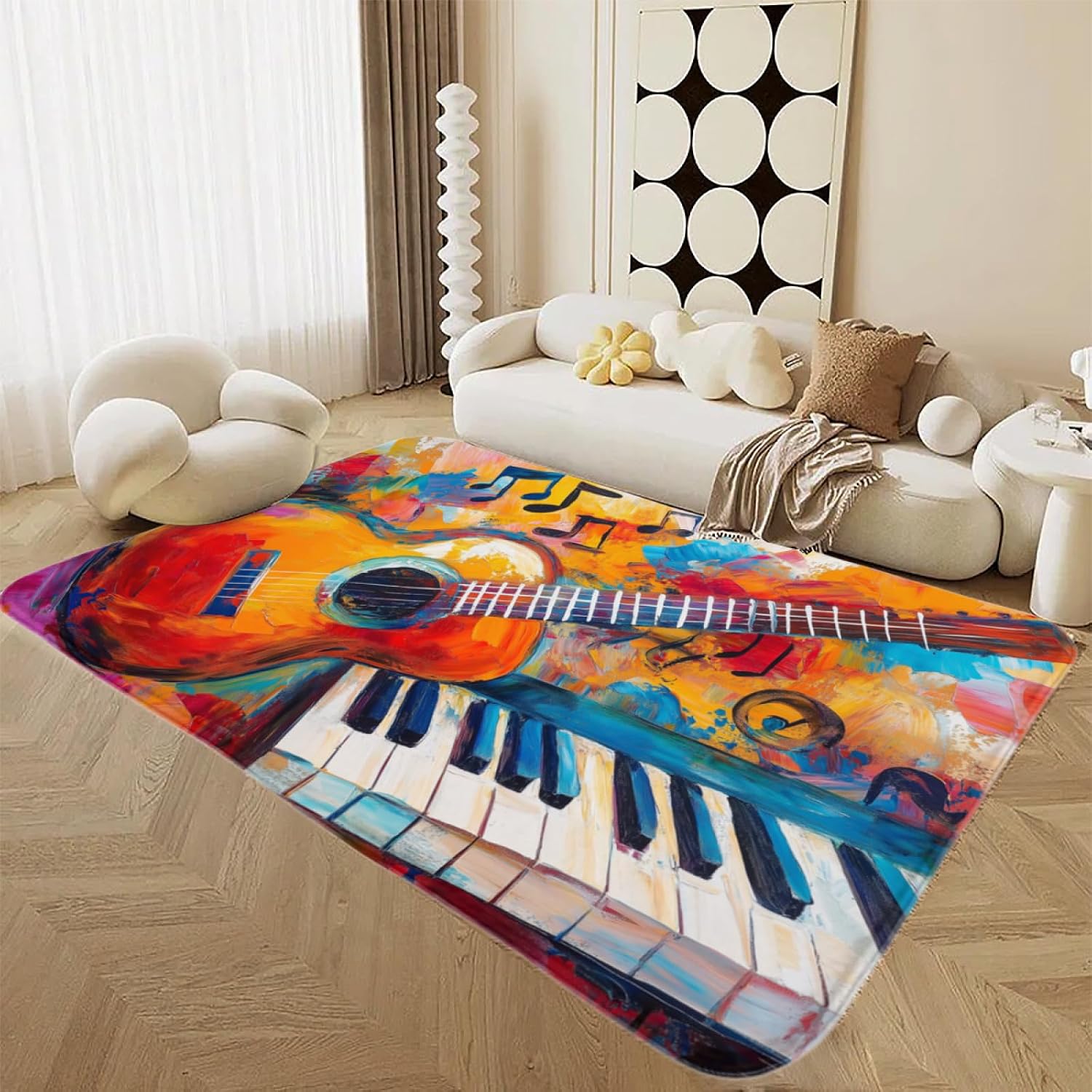 Guitar Rugs for Music Room - Guitar Rug, 6 ft x 8 ft, Abstract Colorful Musical Area, Multicolor, Washable & Non Slip & Soft Large Guitar Home Decor Gifts