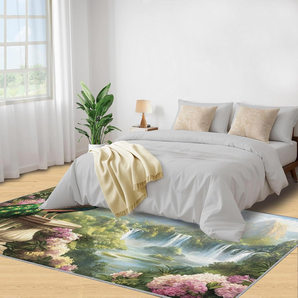 Peacock Rug 6x8-6x8 Rug, Forest Mountain Area Rugs for Living Room, Landscape Rugs for Bedroom, Floral Bird Carpet, Non-Slip Mat, Peacock Home Decor & Gifts