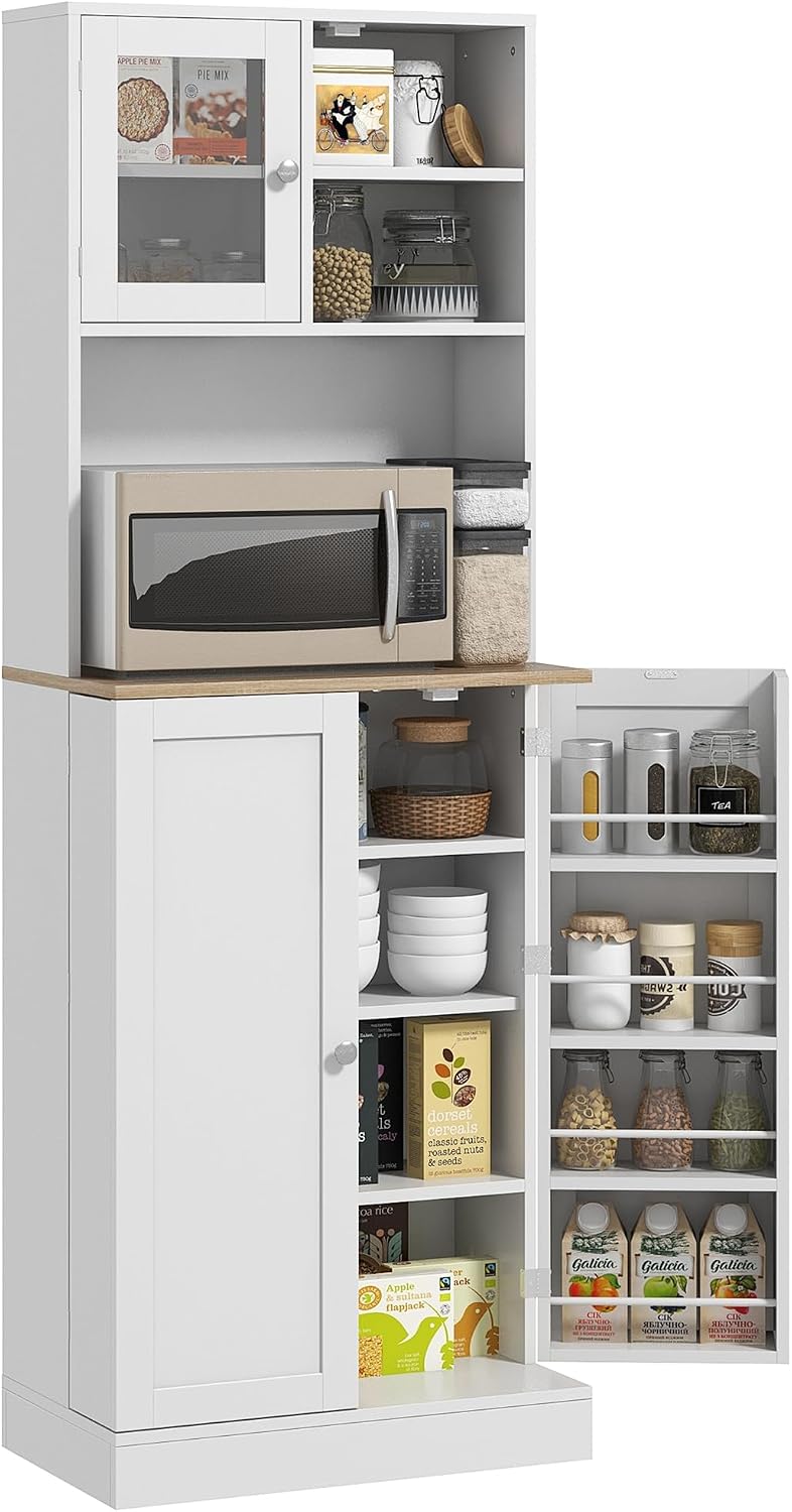 66' Adjustable-Shelf Freestanding Storage Cabinet, Kitchen Storage Bakers Rack with Microwave Stand, Utility Food Cupboard with Anti-tip Design for Kitchen Dining Areas, White