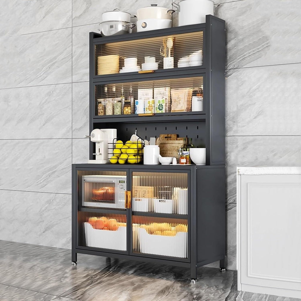 6-Tier Kitchen Bakers Rack with Storage Cabinet, Flip Door, White Microwave Stand with Hooks, Coffee Bar Organizer, 100cm, Carbon Steel Frame(84cm)
