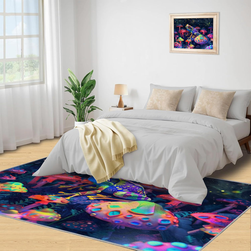 Cartoon Mushrooms Rug for Kids Room - 6x8 Large Rug, Fantasy Mushroom Rugs for Bedroom Colorful Animal Frog Area Rugs for Living Room Home Decor Washable Rug