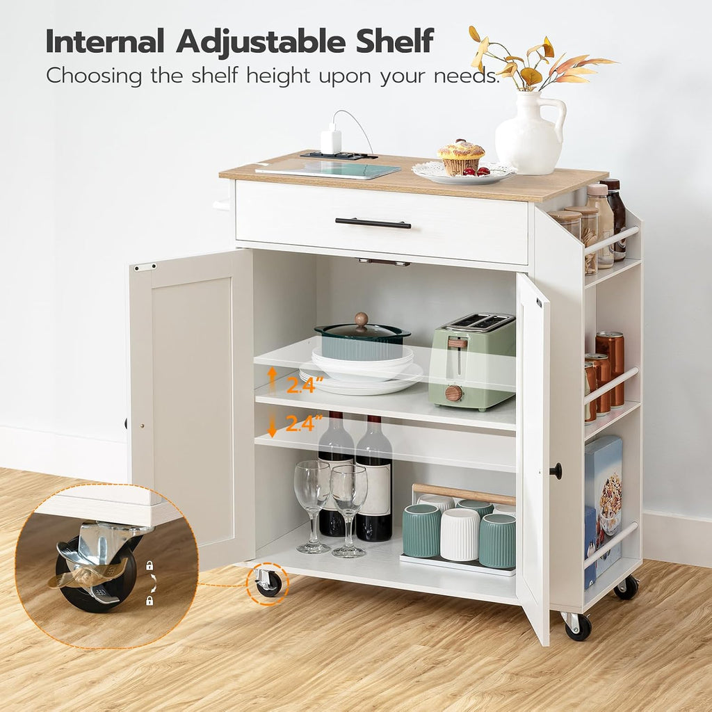 HOOBRO Kitchen Island and Kitchen Storage Island with Power Outlet, Rolling Kitchen Cart on Wheels, for Home, Kitchen and Dining Room, White and Natural WN82UZD01G1-WN88UZD01