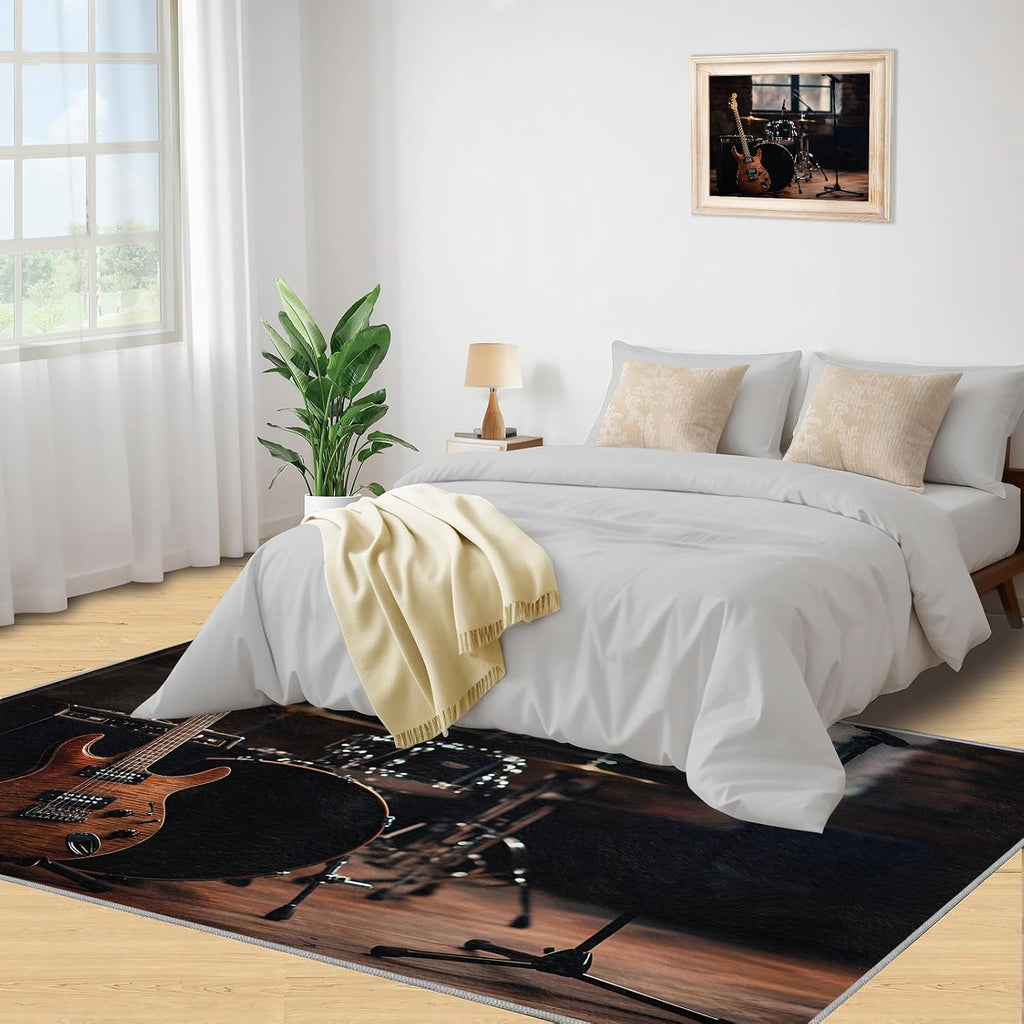 Music Rug Large - 6x8 Rug, Guitar Washable Rugs for Living Room, Drums Carpet, Musical Instrument Non-Slip Area Rugs for Bedroom, Boys Room Carpet, Music Home Decor