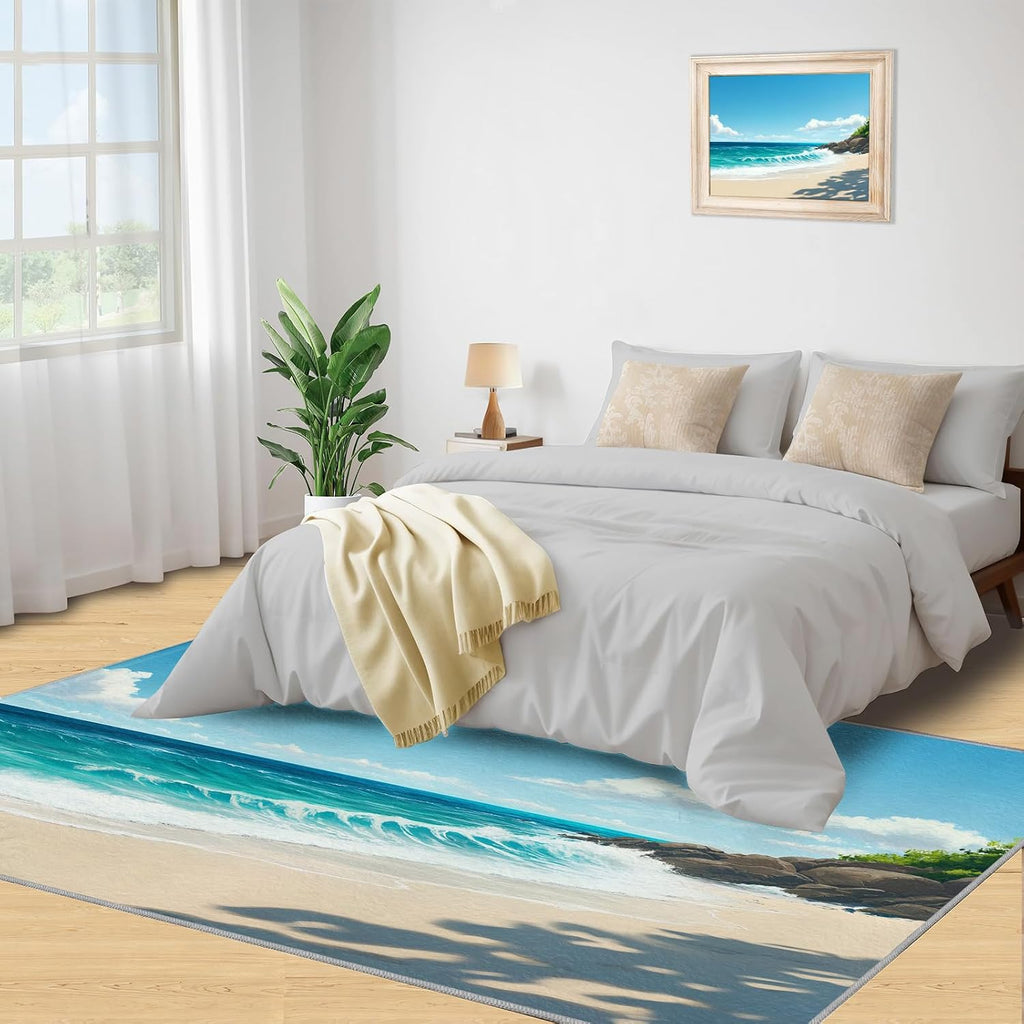 Summer Beach Rug 6x8-6x8 Rug, Coastal Washable Rugs for Living Room, Nautical Carpet, Landscape Non-Slip Area Rugs for Bedroom, Ocean Carpet, Beach Home Decor